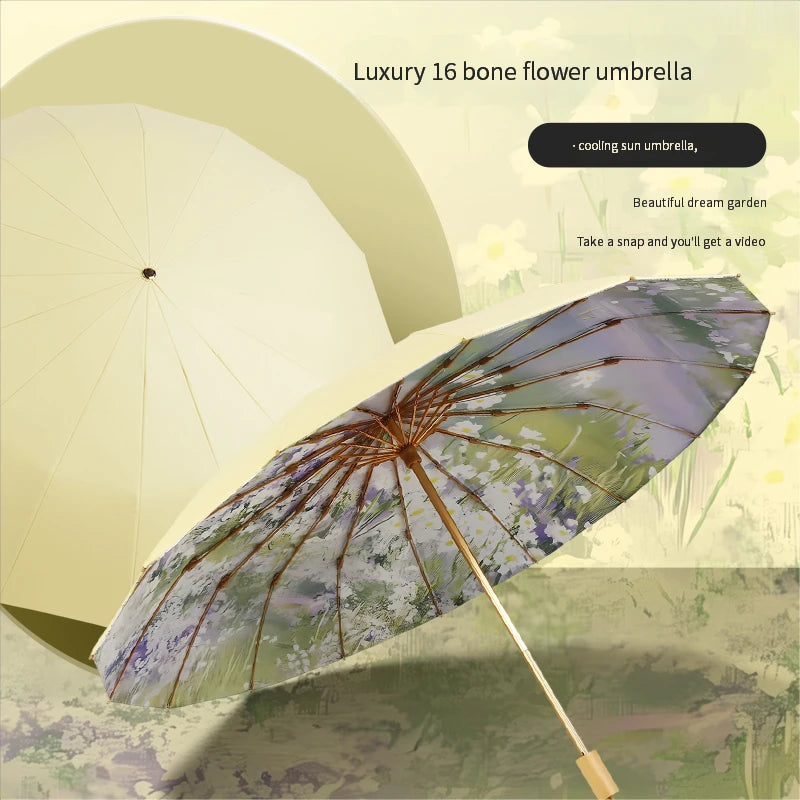 High-value 16-bone manual sun umbrella for women's sun protection ultraviolet rain dual-purpose umbrella color glue folding oil