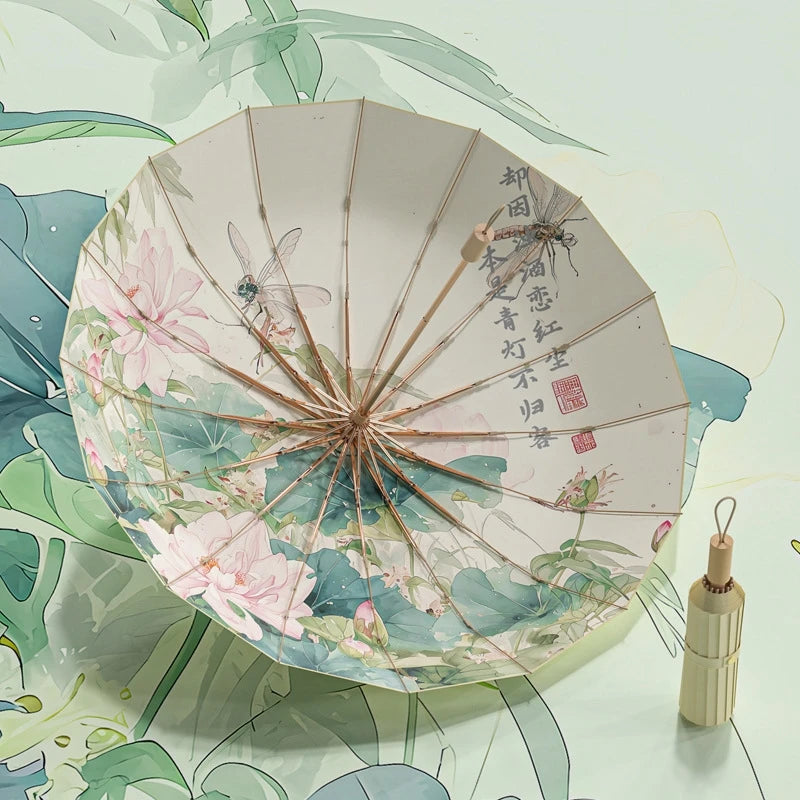 16 Bone Color Glue Gold Aluminum Alloy Skeleton New Chinese Retro Sun Protection and UV Protection Folding Umbrella