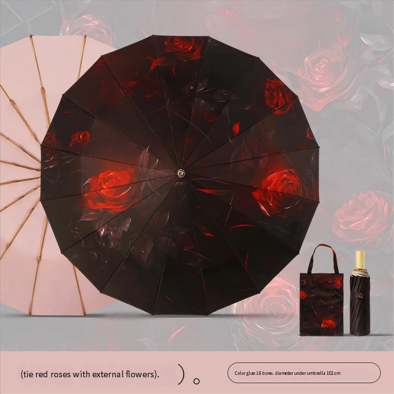 High-value 16-bone manual sun umbrella for women's sun protection ultraviolet rain dual-purpose umbrella color glue folding oil