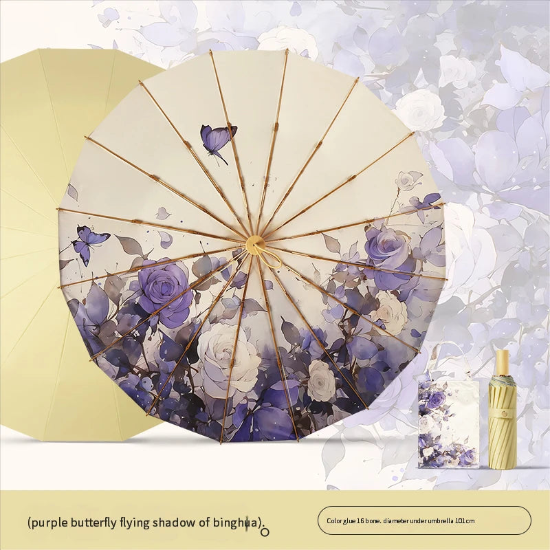 High-value 16-bone manual sun umbrella for women's sun protection ultraviolet rain dual-purpose umbrella color glue folding oil