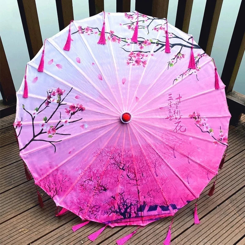 Classic Chinese Art Asian Style 33" Silk Parasol Umbrella with Tassels for Wedding Parties, Photography, Costumes, Cosplay