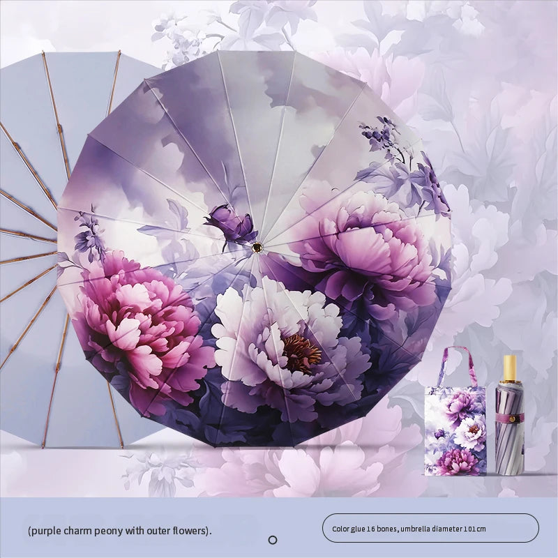 High-value 16-bone manual sun umbrella for women's sun protection ultraviolet rain dual-purpose umbrella color glue folding oil