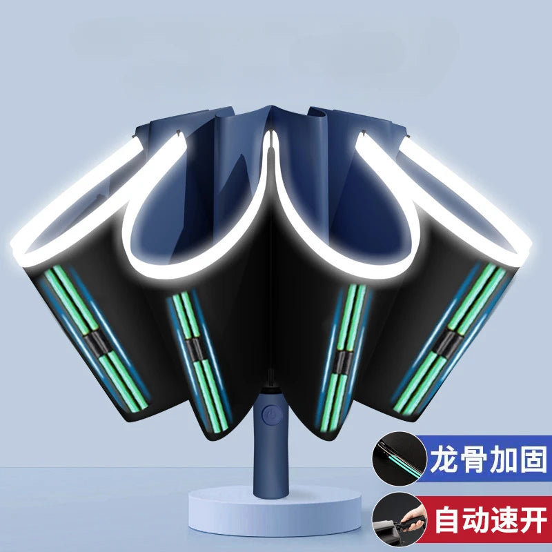 Fully Automatic Reverse Folding Blackout Umbrella with Reflective Stripe UV Blocking Sun Umbrella Double Bones Windproof Parasol