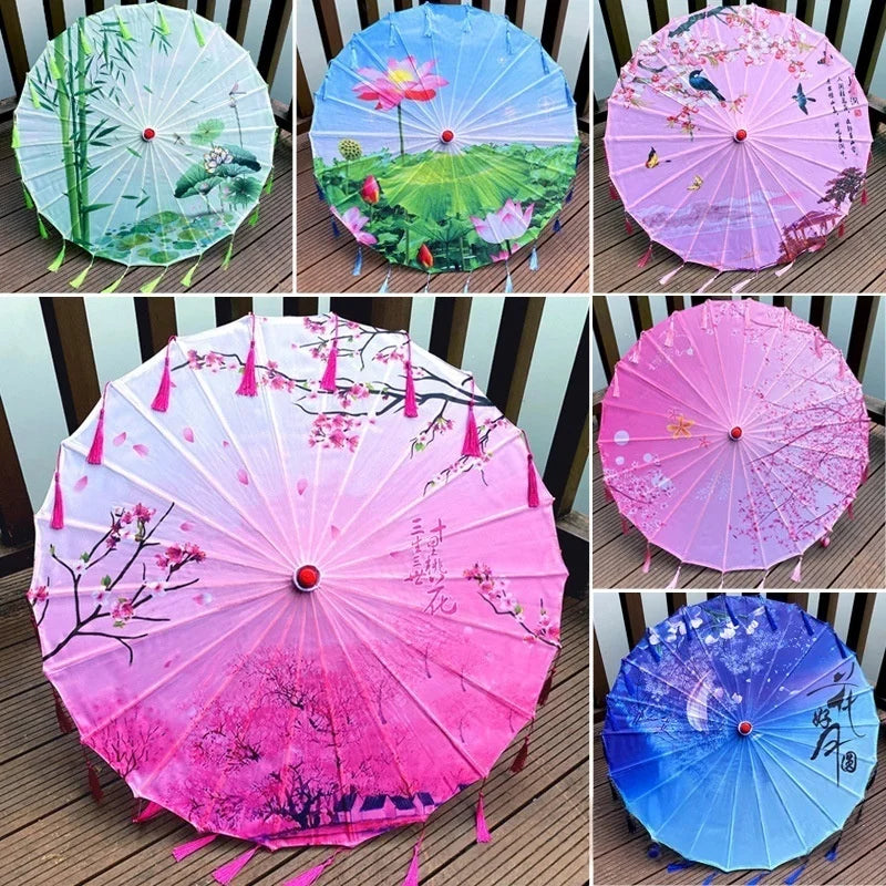 Classic Chinese Art Asian Style 33" Silk Parasol Umbrella with Tassels for Wedding Parties, Photography, Costumes, Cosplay