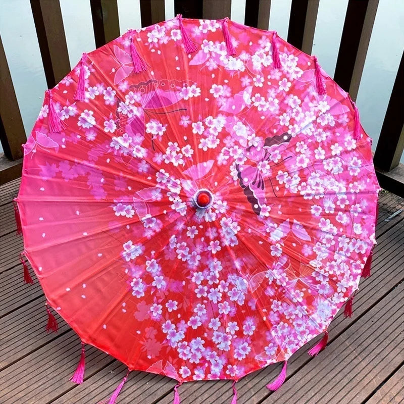 Classic Chinese Art Asian Style 33" Silk Parasol Umbrella with Tassels for Wedding Parties, Photography, Costumes, Cosplay