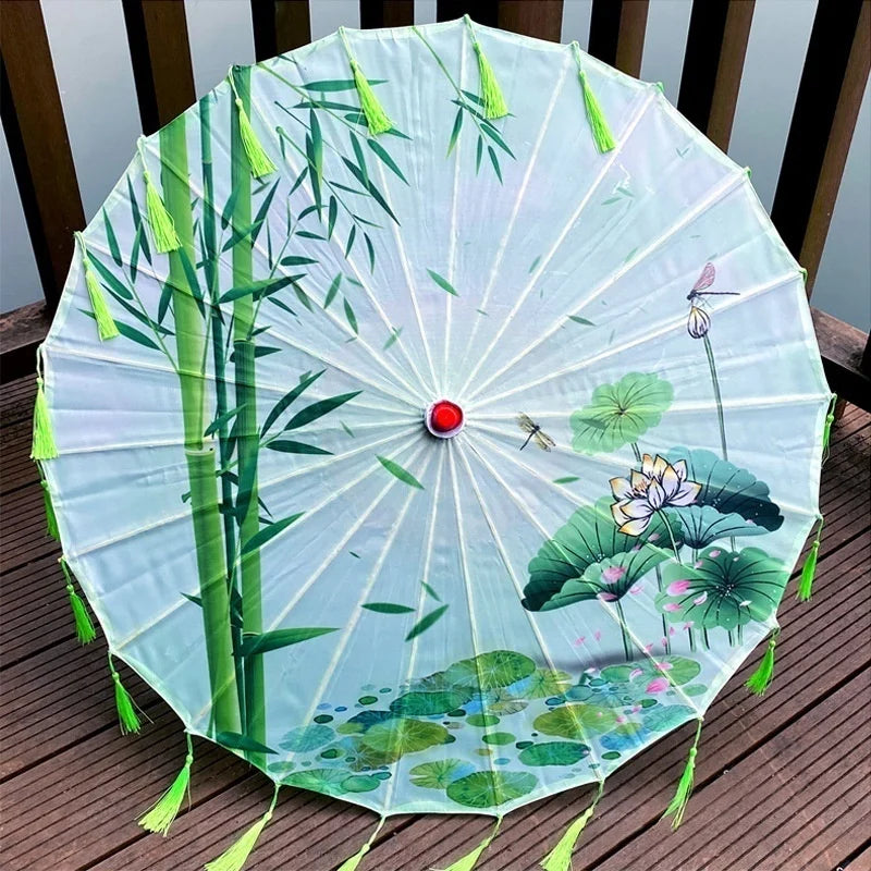 Classic Chinese Art Asian Style 33" Silk Parasol Umbrella with Tassels for Wedding Parties, Photography, Costumes, Cosplay