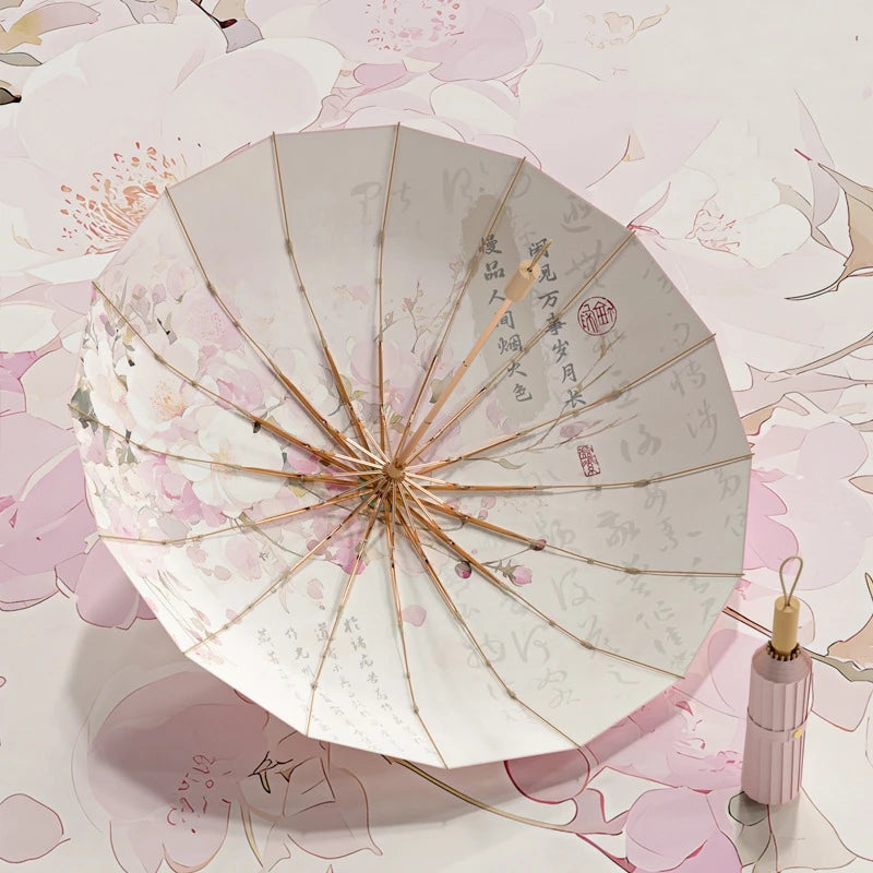 16 Bone Color Glue Gold Aluminum Alloy Skeleton New Chinese Retro Sun Protection and UV Protection Folding Umbrella
