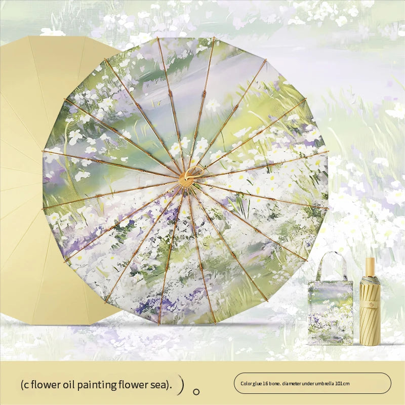 High-value 16-bone manual sun umbrella for women's sun protection ultraviolet rain dual-purpose umbrella color glue folding oil