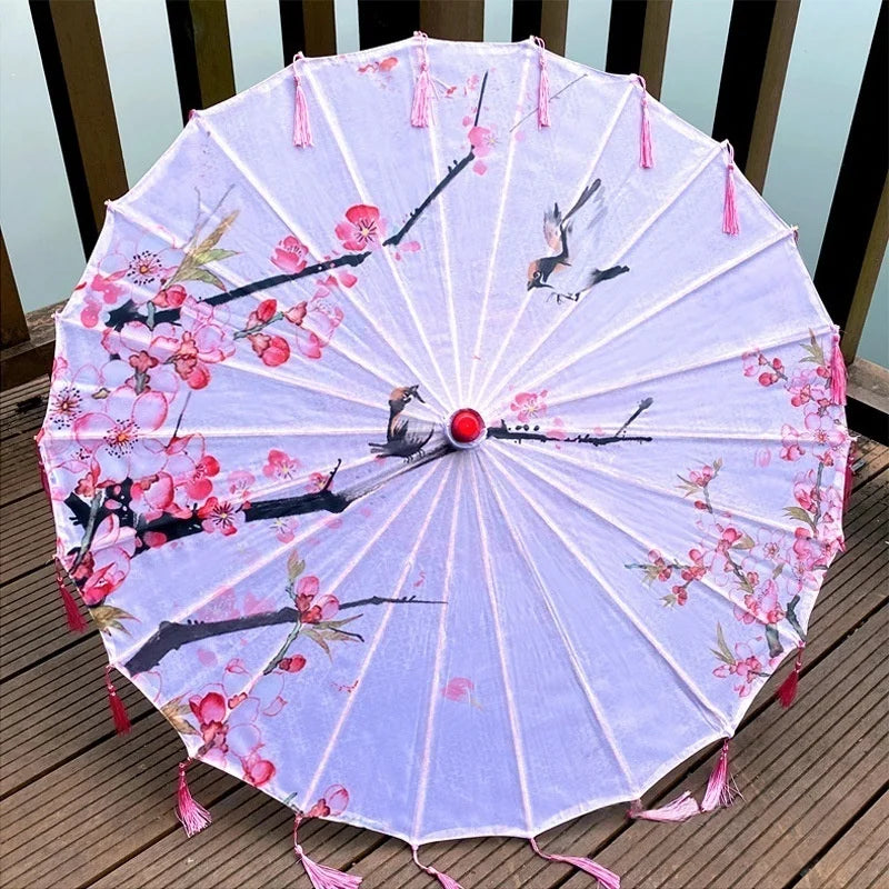Classic Chinese Art Asian Style 33" Silk Parasol Umbrella with Tassels for Wedding Parties, Photography, Costumes, Cosplay