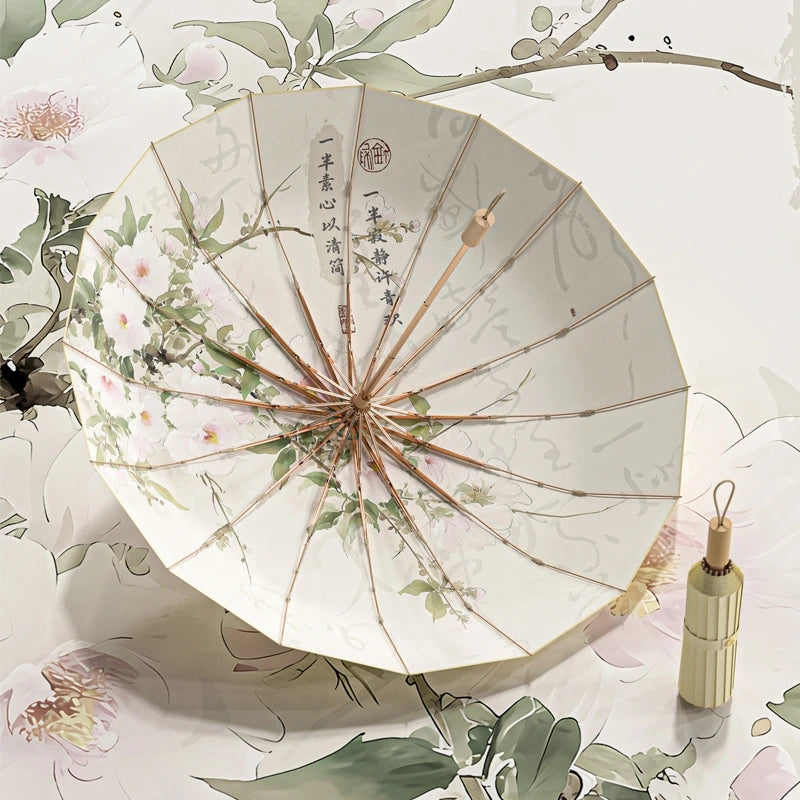 16 Bone Color Glue Gold Aluminum Alloy Skeleton New Chinese Retro Sun Protection and UV Protection Folding Umbrella