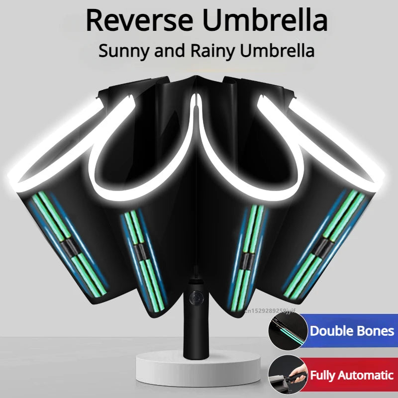 Fully Automatic Reverse Folding Blackout Umbrella with Reflective Stripe UV Blocking Sun Umbrella Double Bones Windproof Parasol