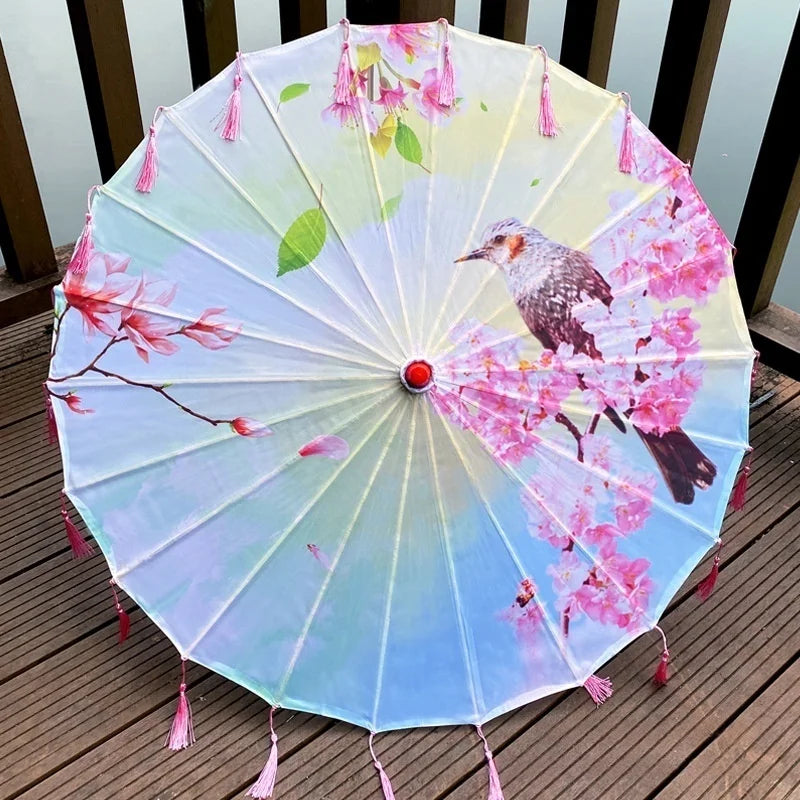 Classic Chinese Art Asian Style 33" Silk Parasol Umbrella with Tassels for Wedding Parties, Photography, Costumes, Cosplay