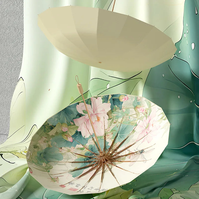 16 Bone Color Glue Gold Aluminum Alloy Skeleton New Chinese Retro Sun Protection and UV Protection Folding Umbrella