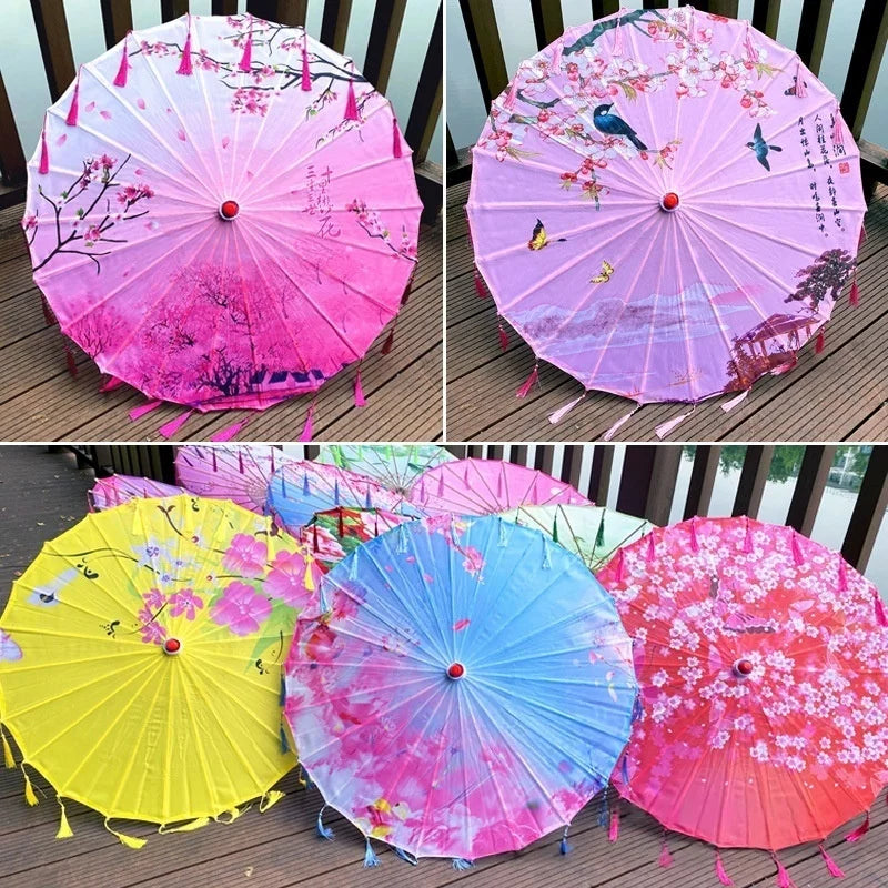 Classic Chinese Art Asian Style 33" Silk Parasol Umbrella with Tassels for Wedding Parties, Photography, Costumes, Cosplay