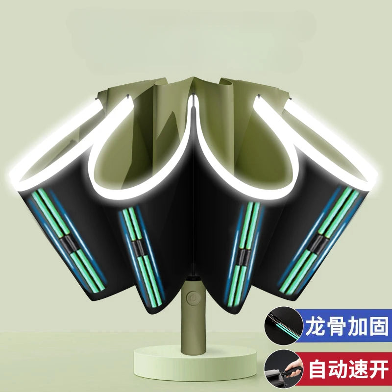 Fully Automatic Reverse Folding Blackout Umbrella with Reflective Stripe UV Blocking Sun Umbrella Double Bones Windproof Parasol